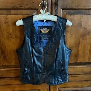 Harley-Davidson Black Leather Vest with Blue Flame Embroidery